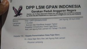 LSM GPAN Indonesia Mensomasi Pekerjaan Infrastruktur Desa Fajar Baru Yang Diduga Tidak Sesuai Regulasi