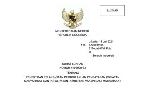 Mendagri Terbitkan Edaran Tentang Penertiban Pelaksanaan PPKM dan Percepatan Vaksinasi