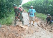 Tumbuhkan Kebersamaan, Babinsa Bersama Warga Gotong-royong Timbun Jalan Rusak Berlubang