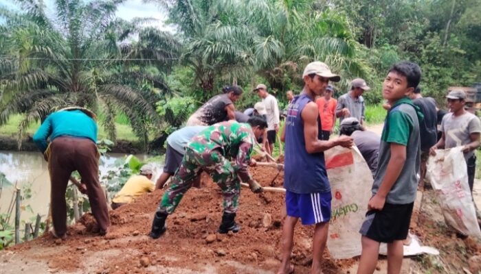 Babinsa Koramil 421-06/Natar dan Warga Rulung Raya Kompak Benahi Jalan Berlubang
