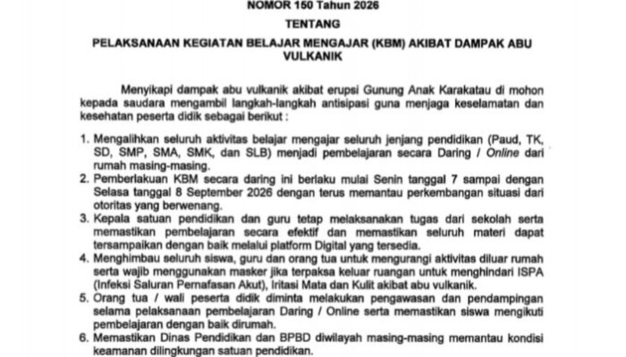 Dampak Abu Vulkanik Anak Krakatau, Gubernur Lampung Terbitkan Surat Edaran Pembelajaran Daring 7–8 September 2026
